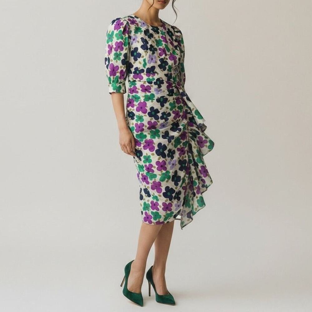 Aureum Womens Dress Floral Print Ruched Side Puff Sleeve Crew Neck Midi Size M